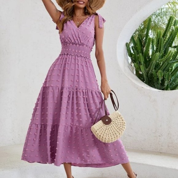 Boho Purple Swiss Dot Tie Shoulder V Neck Shirred Waist Dress - Picture 1 of 7